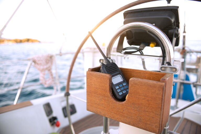 VHF Radio hand held on a boat