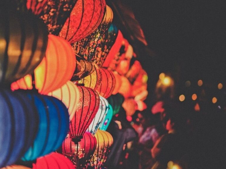 Brightly coloured paper lanterns displayed