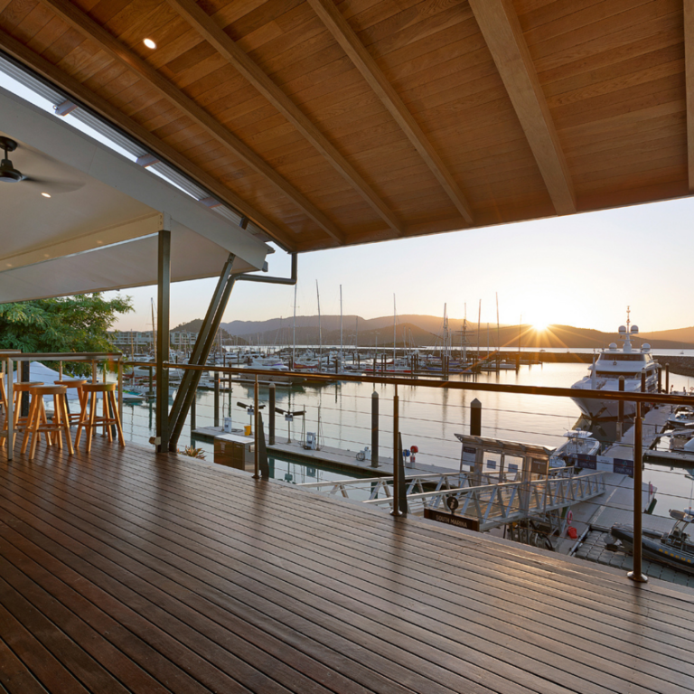 The Lookout Lounge balcony view over Coral Sea Marina